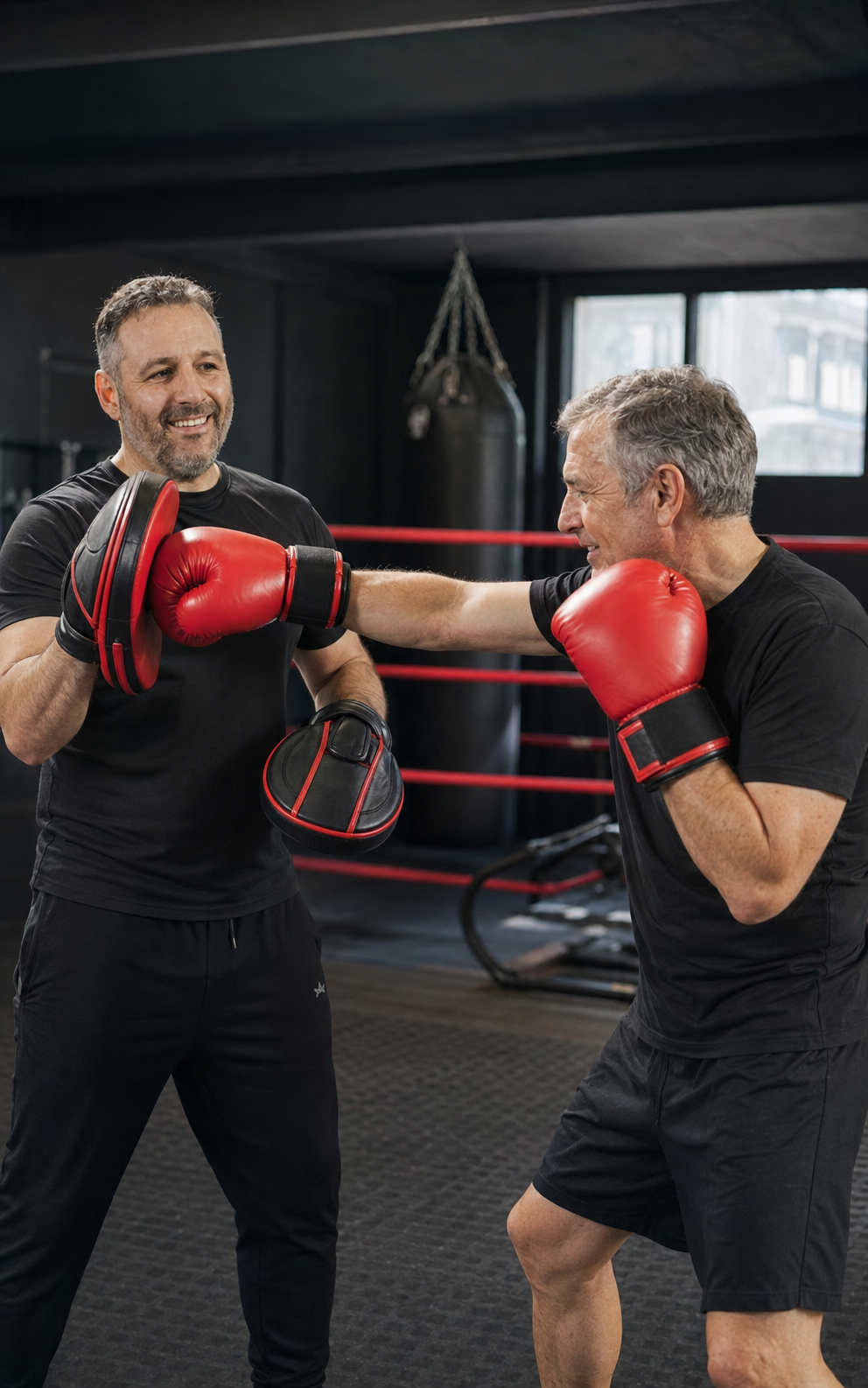 Coach accompagnant un groupe de seniors pendant un cours de boxe adapté à Trazegnies
